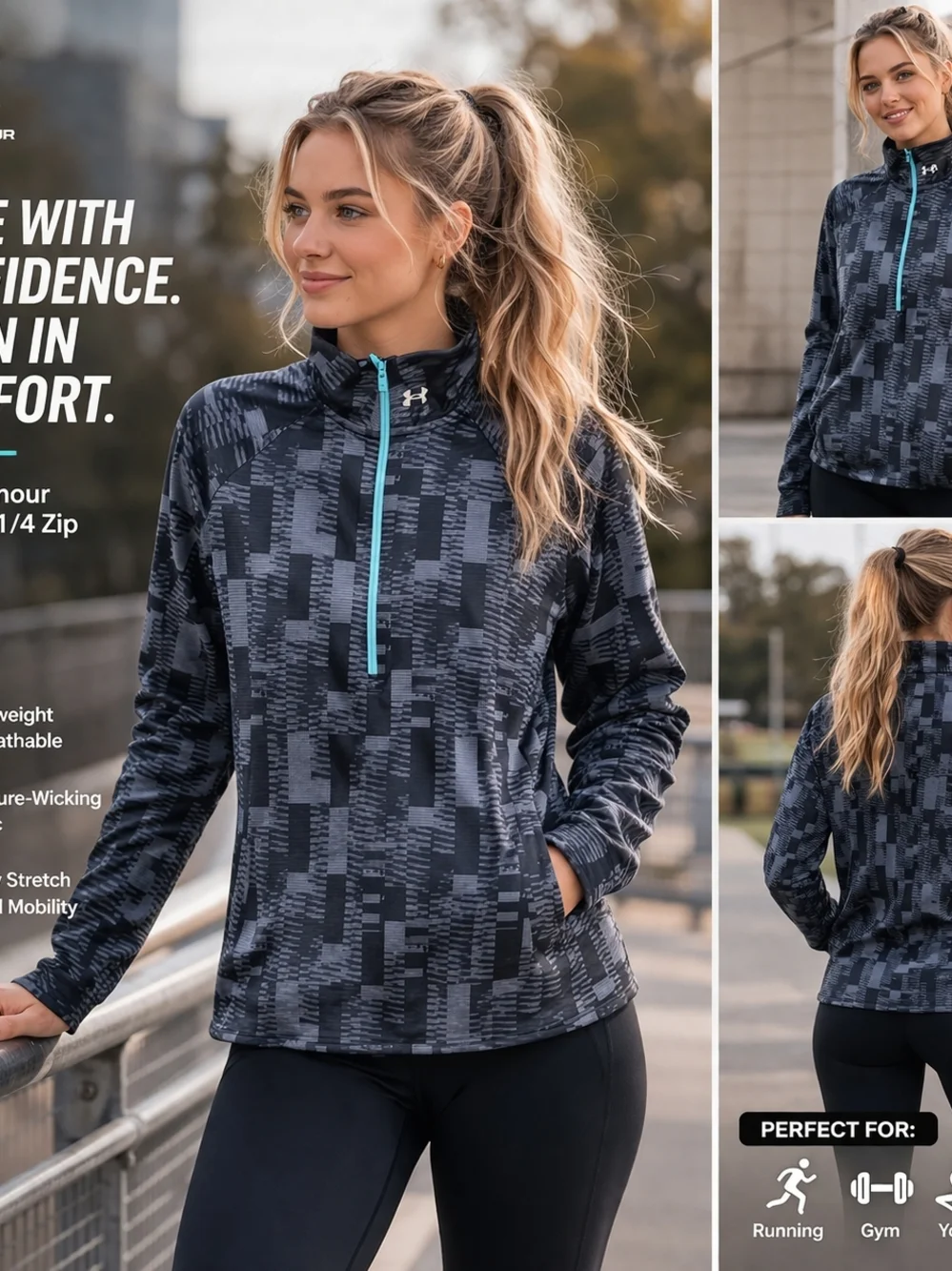 Under Armour Black & Teal Patterned 1/4 Zip Pullover - Picture 1 of 5